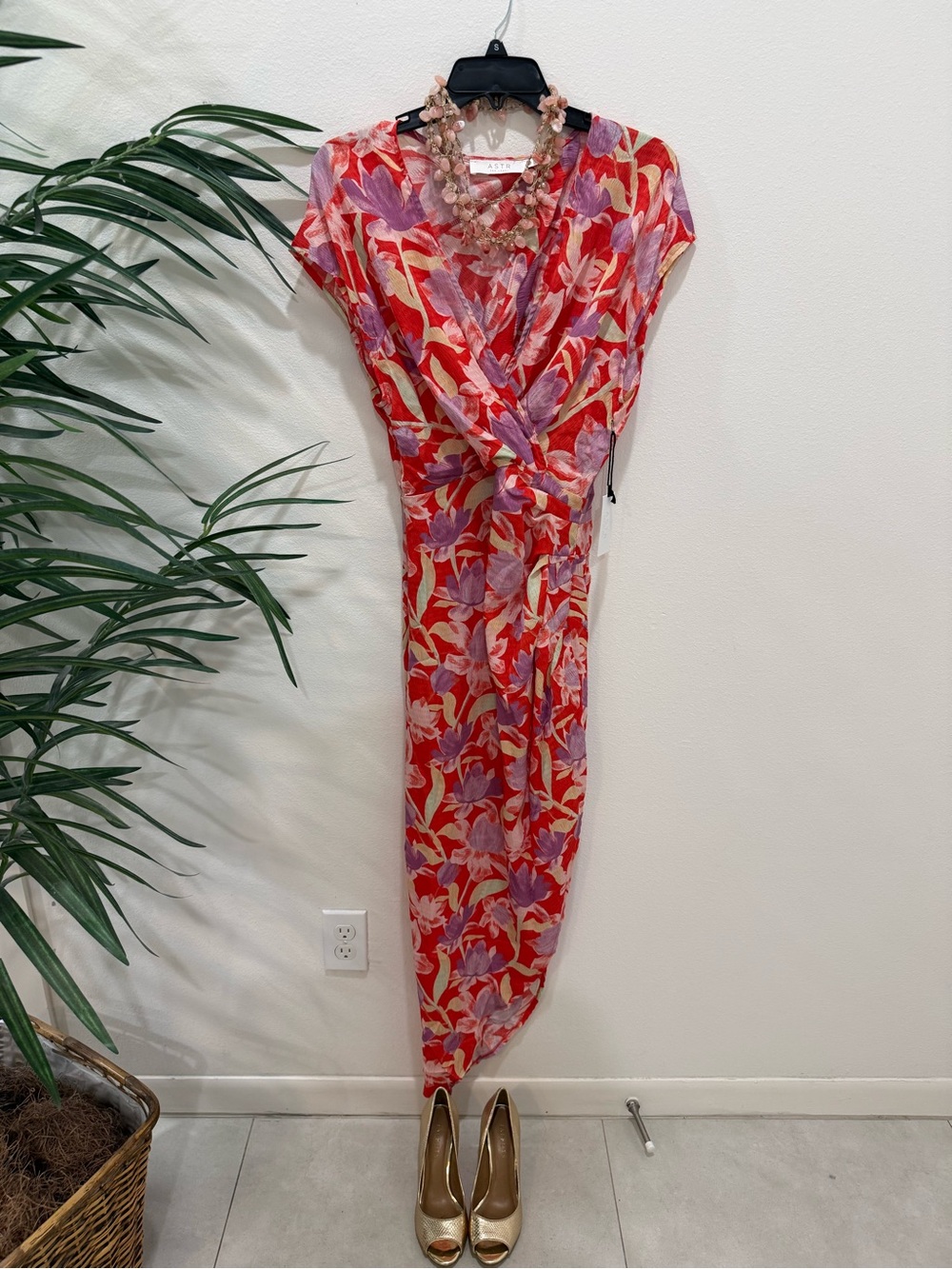 Astr Red Floral Maxi Dress with Purple & Cream Leaves